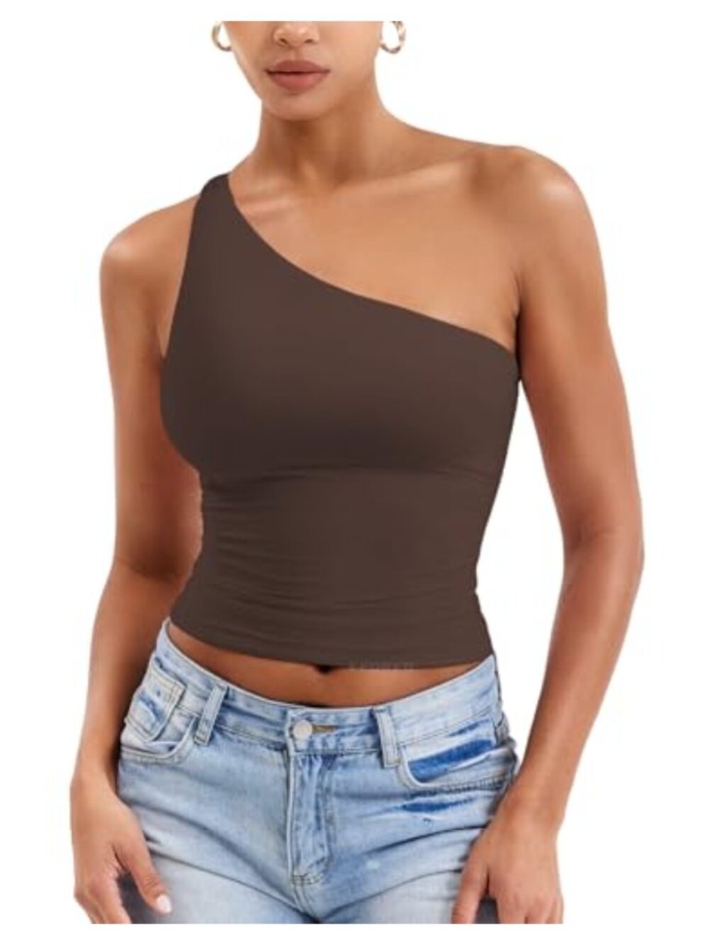 YEOREO One Shoulder Tank Top Adjustable Straps Double-Lined Side Scrunch Slim